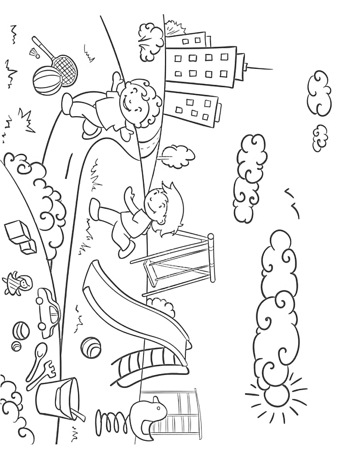 Раскраска Дети на детской площадке с качелями, горкой и спортивным инвентарем