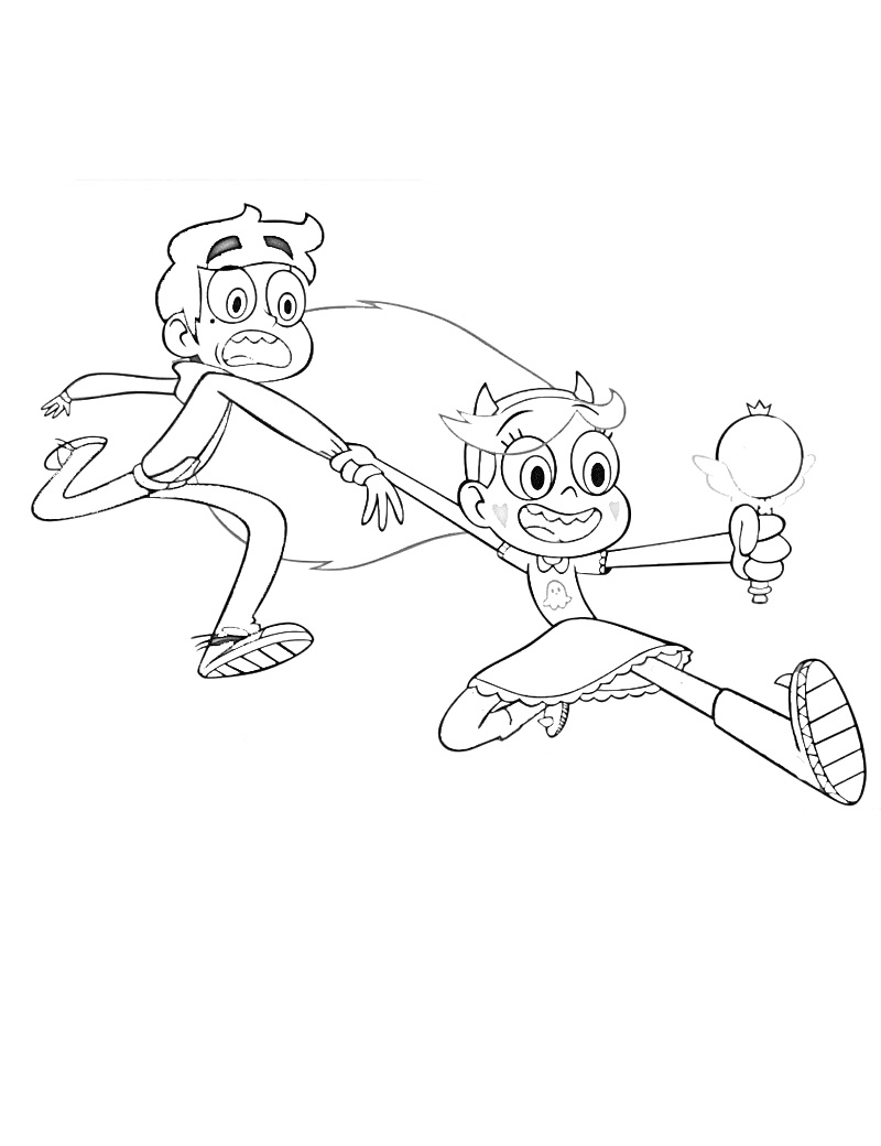 Раскраска Девочка с жезлом и мальчик бегут вместе