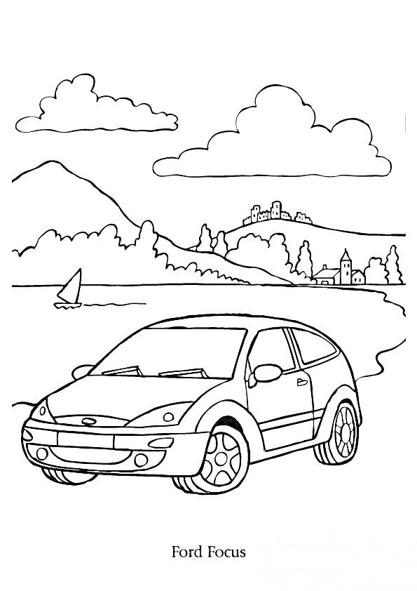 Ford Focus, машина, горный пейзаж, озеро, плавающая лодка, здания на холме, деревья