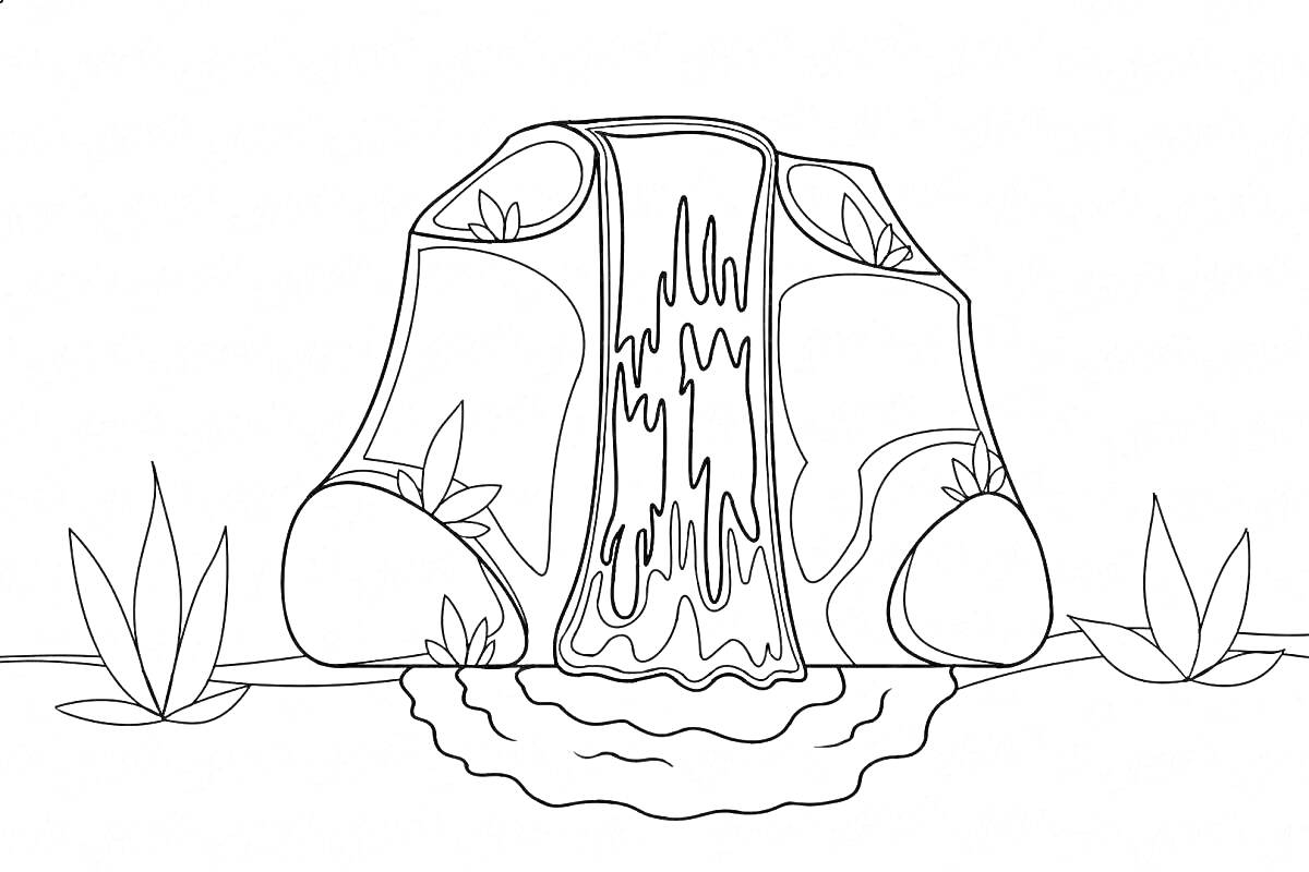 Раскраска Водопад с камнями и растениями