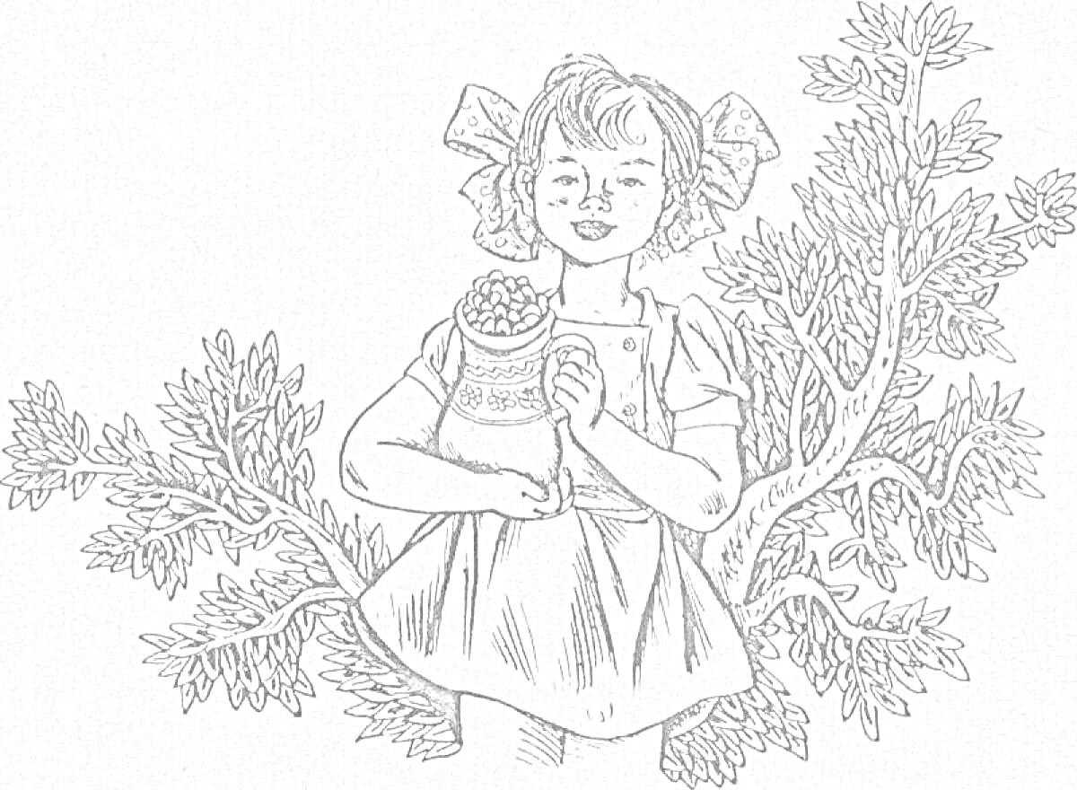Раскраска девочка с кувшинчиком, ветки дерева