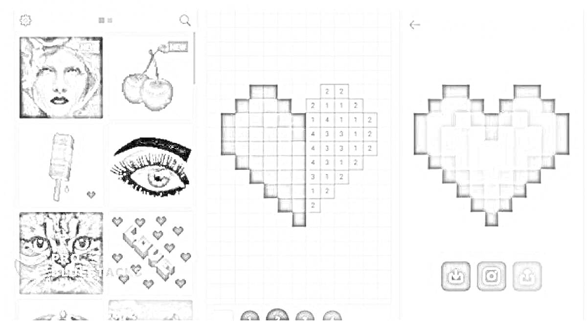 Раскраска сердце в пиксельном стиле, элементы включают: лицо женщины, вишни, леденец, глаз, кошка, сердца