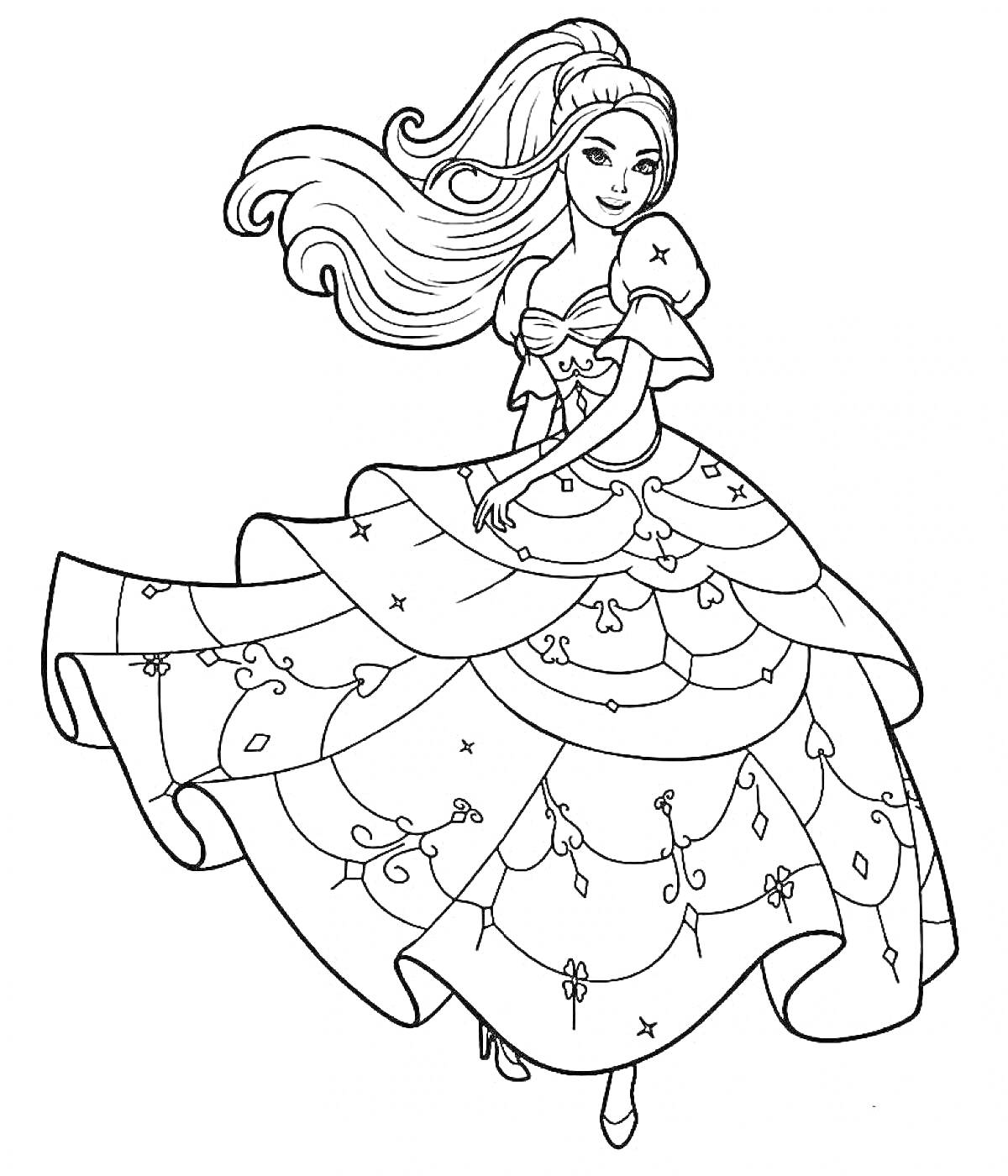 На раскраске изображено: Барби, Пышное платье, Узоры, Длинные волосы, Бал, Принцесса