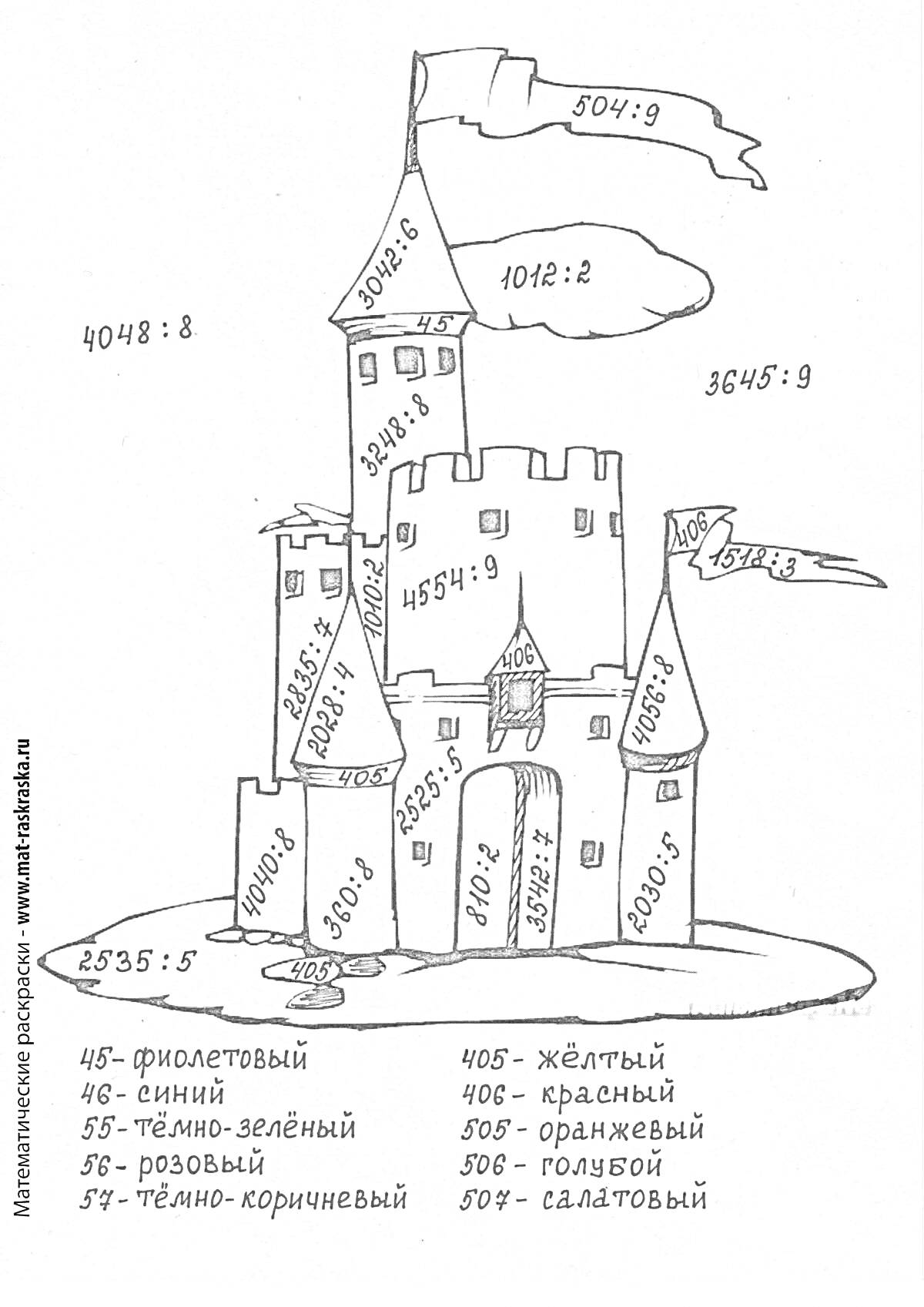 Раскраска Замок с математическими операциями и флагами, примеры деления многозначных чисел, номерная раскраска