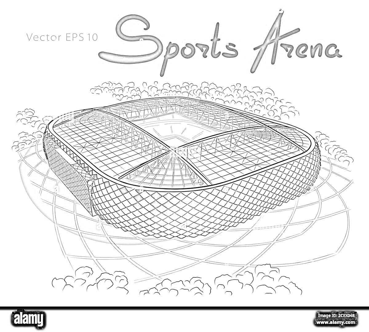 Раскраска Спортивная арена с трибунами, расположенная среди деревьев, вид сверху