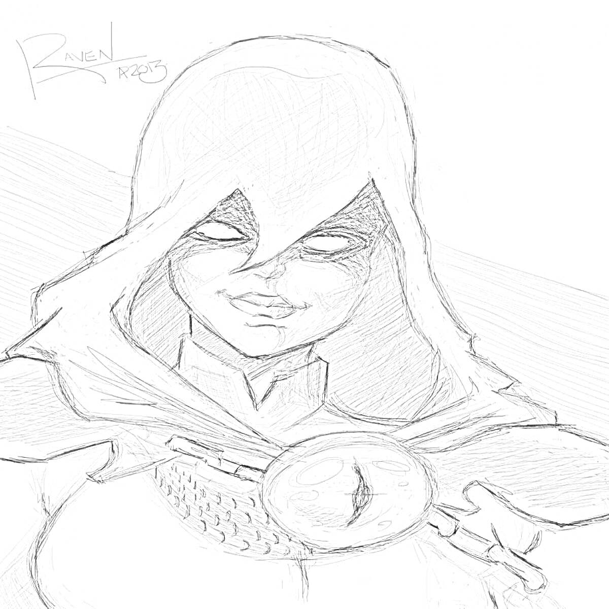 На раскраске изображено: Женщина, Капюшон, Маска, Ожерелье, Набросок