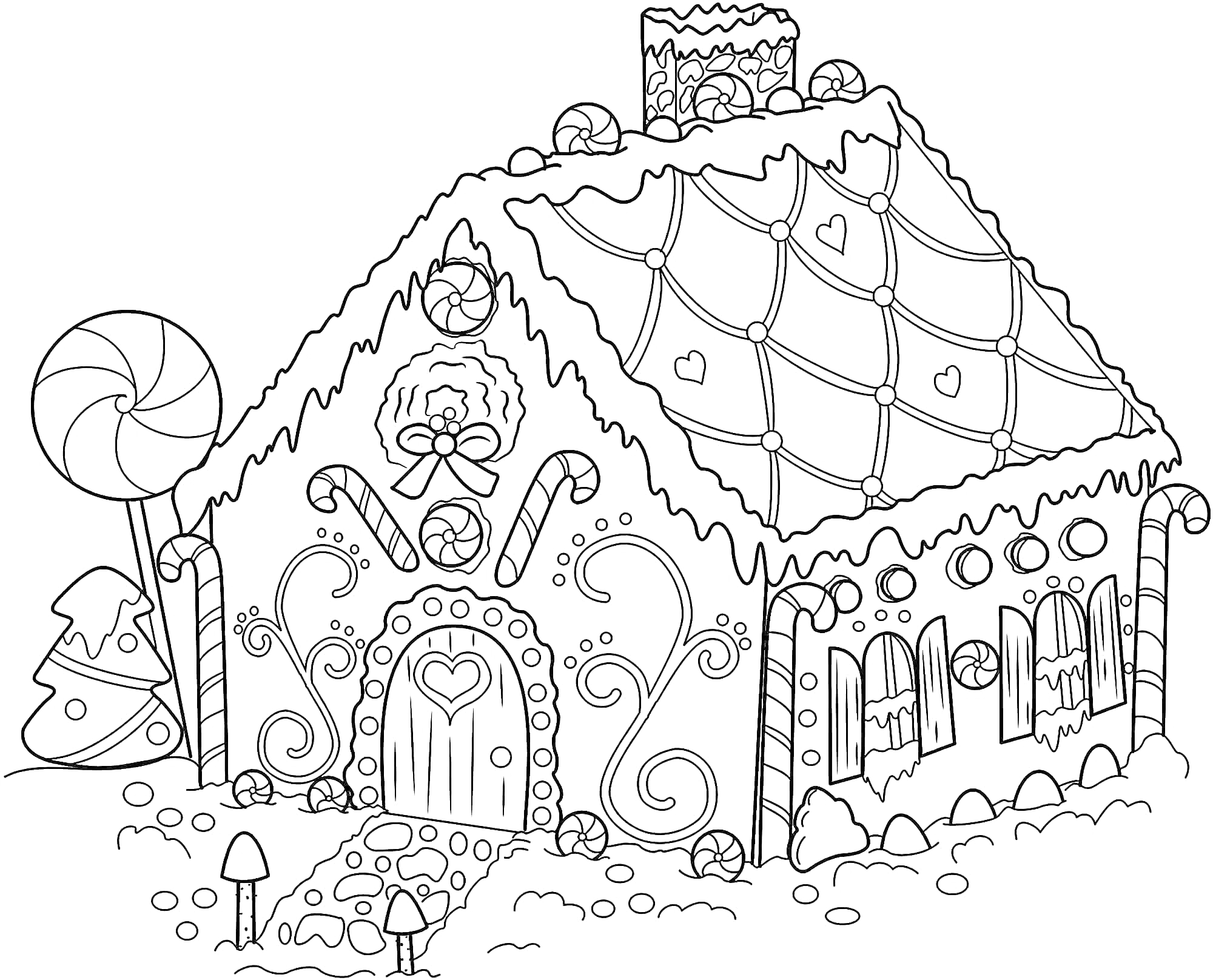 На раскраске изображено: Пряничный домик, Сладости, Грибы, Украшения, Детский мир
