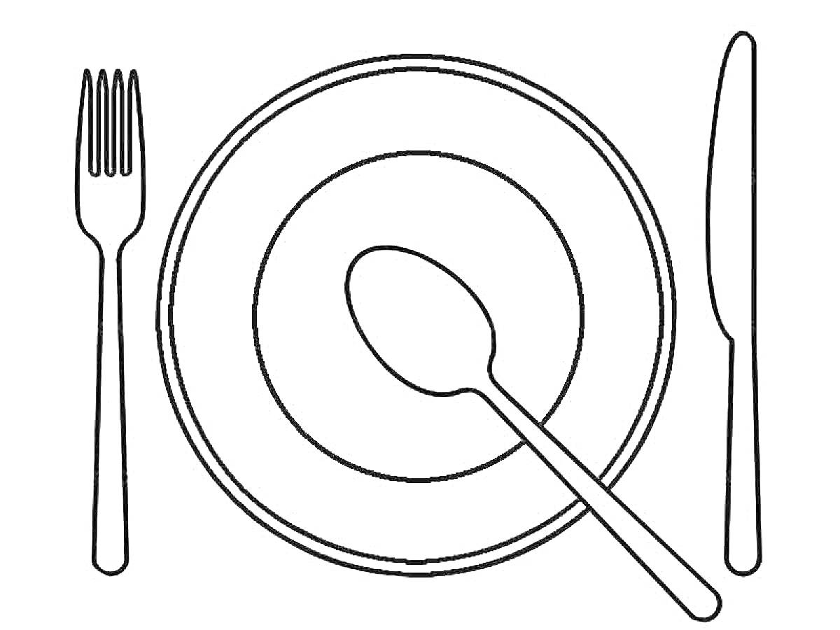 На раскраске изображено: Посуда, Вилка, Тарелка, Ложка, Нож, Столовые приборы