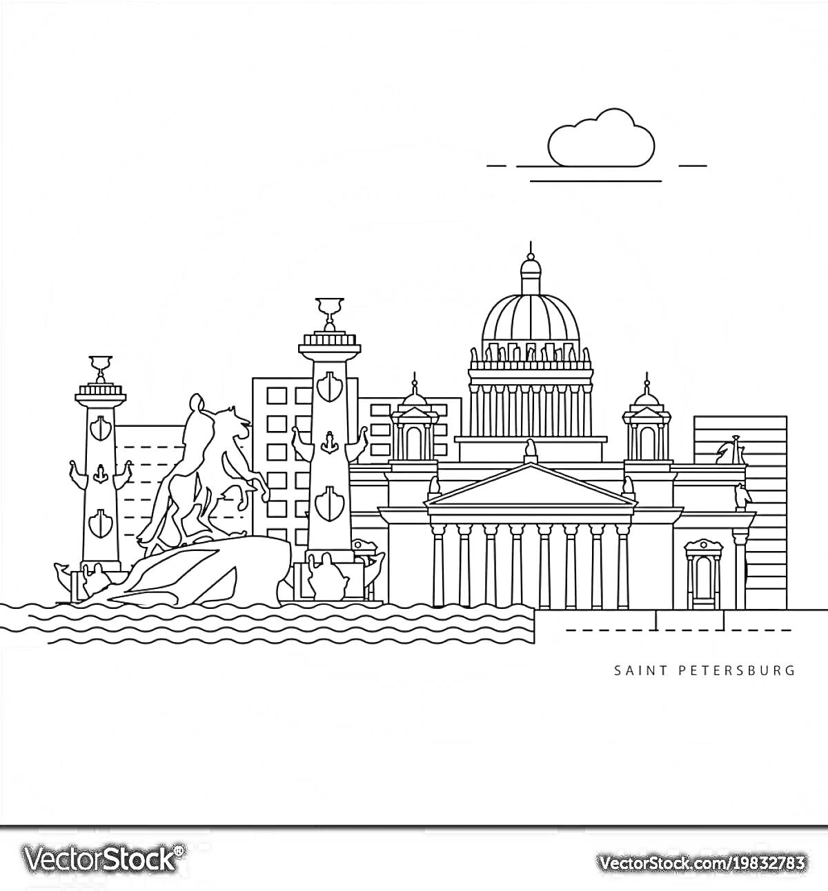 Раскраска Васильевский остров - архитектура Санкт-Петербурга (шлюзы, здания, статуи и вода)