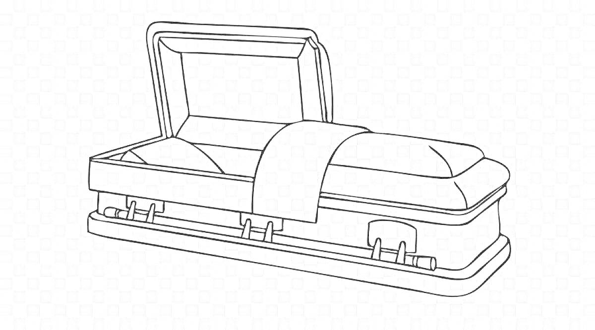 гроб с открытой крышкой, покрывалом и подушкой внутри