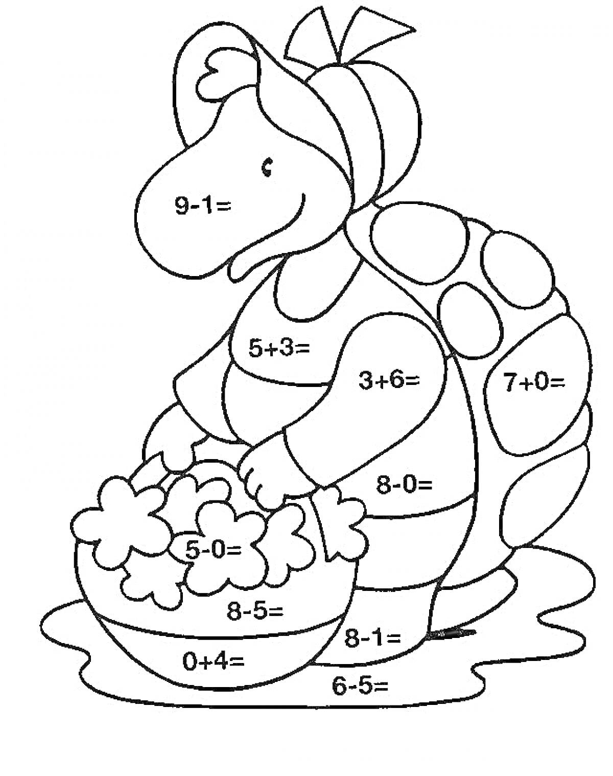 Раскраска Черепаха с корзиной цветов с примерами арифметических заданий (добавление и вычитание)