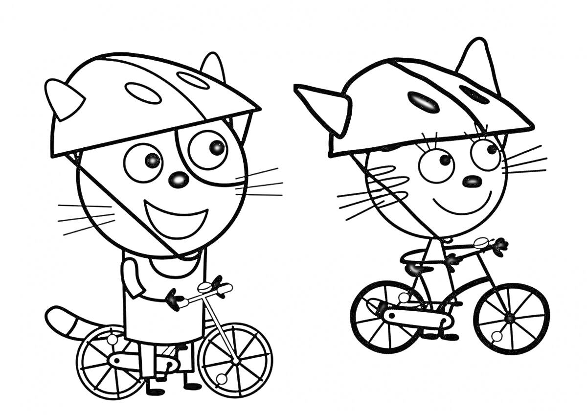 На раскраске изображено: Шлемы, Три кота, Безопасность, Из мультфильмов, Для детей, Велосипед, Кот