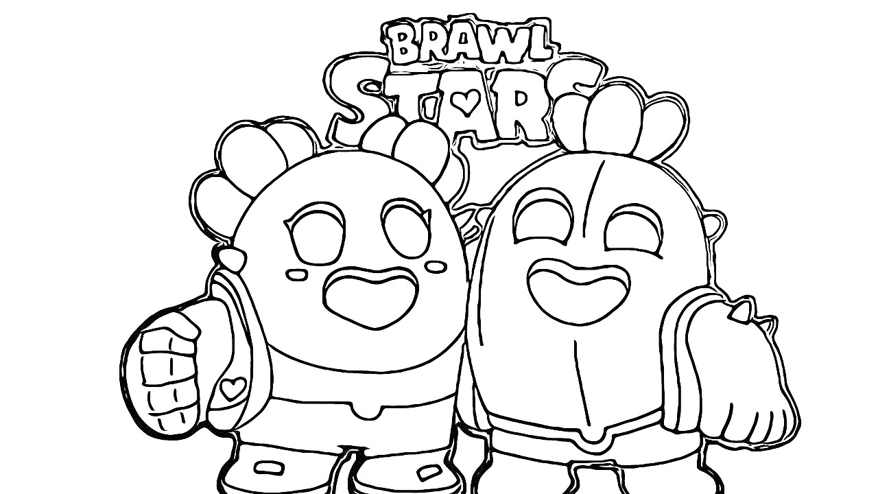 Раскраска Два персонажа Спайк из игры Brawl Stars с логотипом вверху