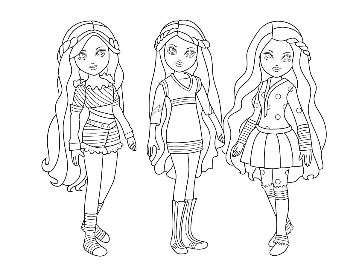 Раскраска Три куклы с длинными волосами, наряженные в разнообразные наряды