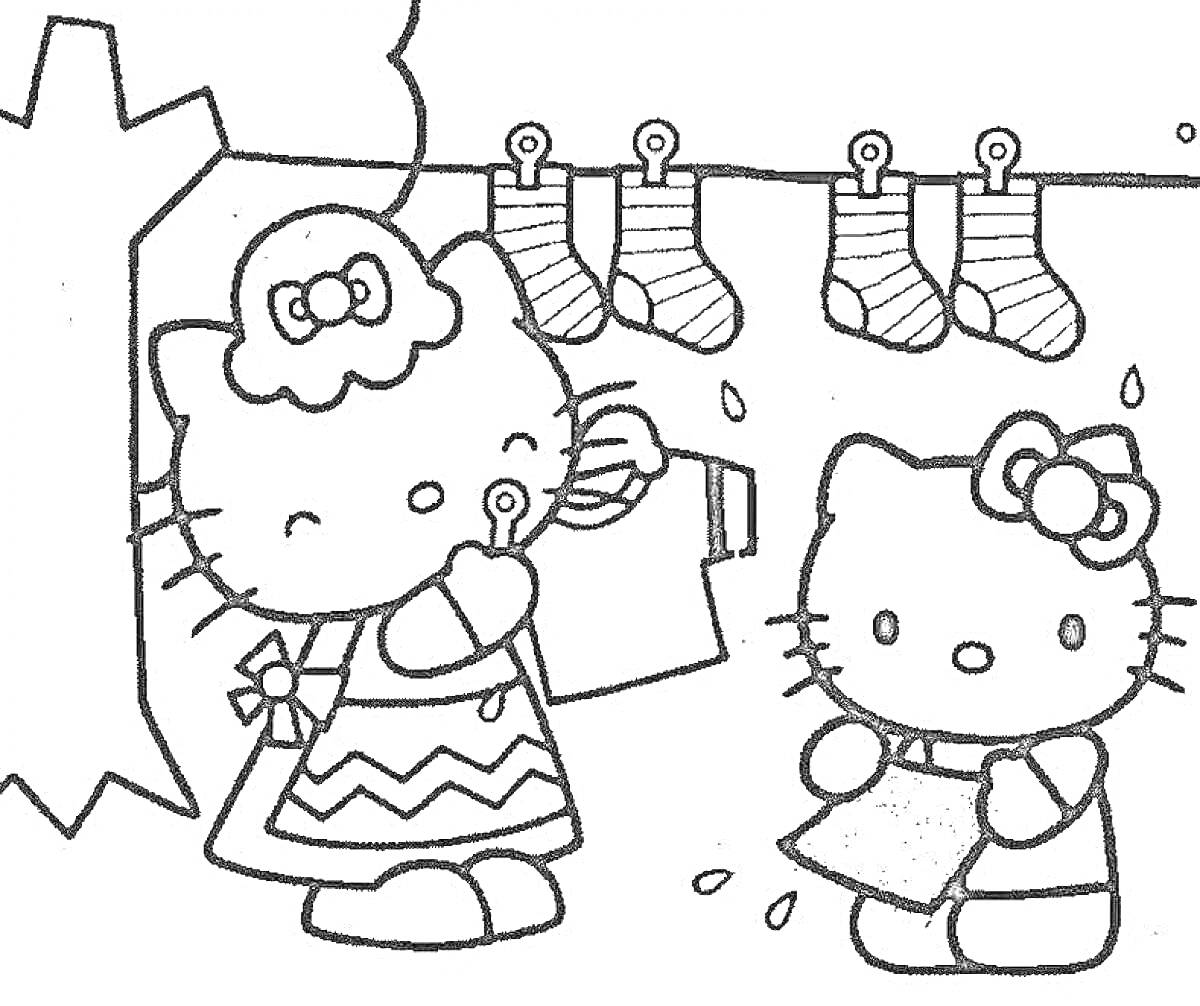 Раскраска Hello Kitty с одеждой и развешанными носками