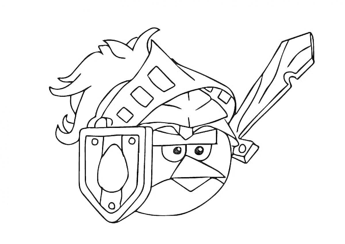 Раскраска Птица в рыцарском шлеме с мечом и щитом