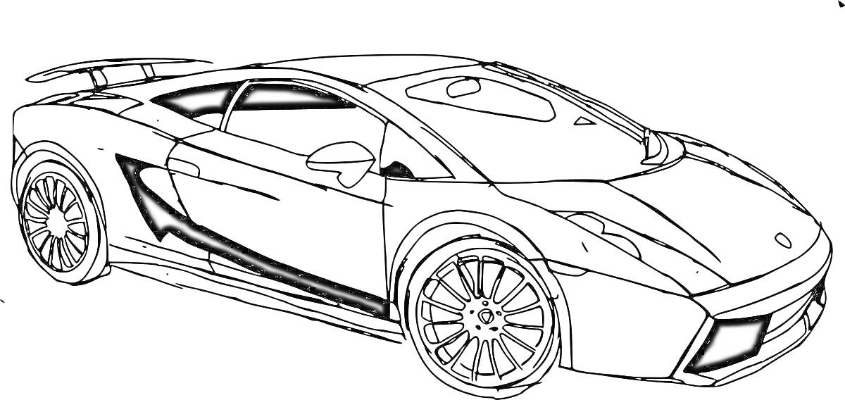 Раскраска Спортивный автомобиль с деталями обвеса, колес, фар и зеркала
