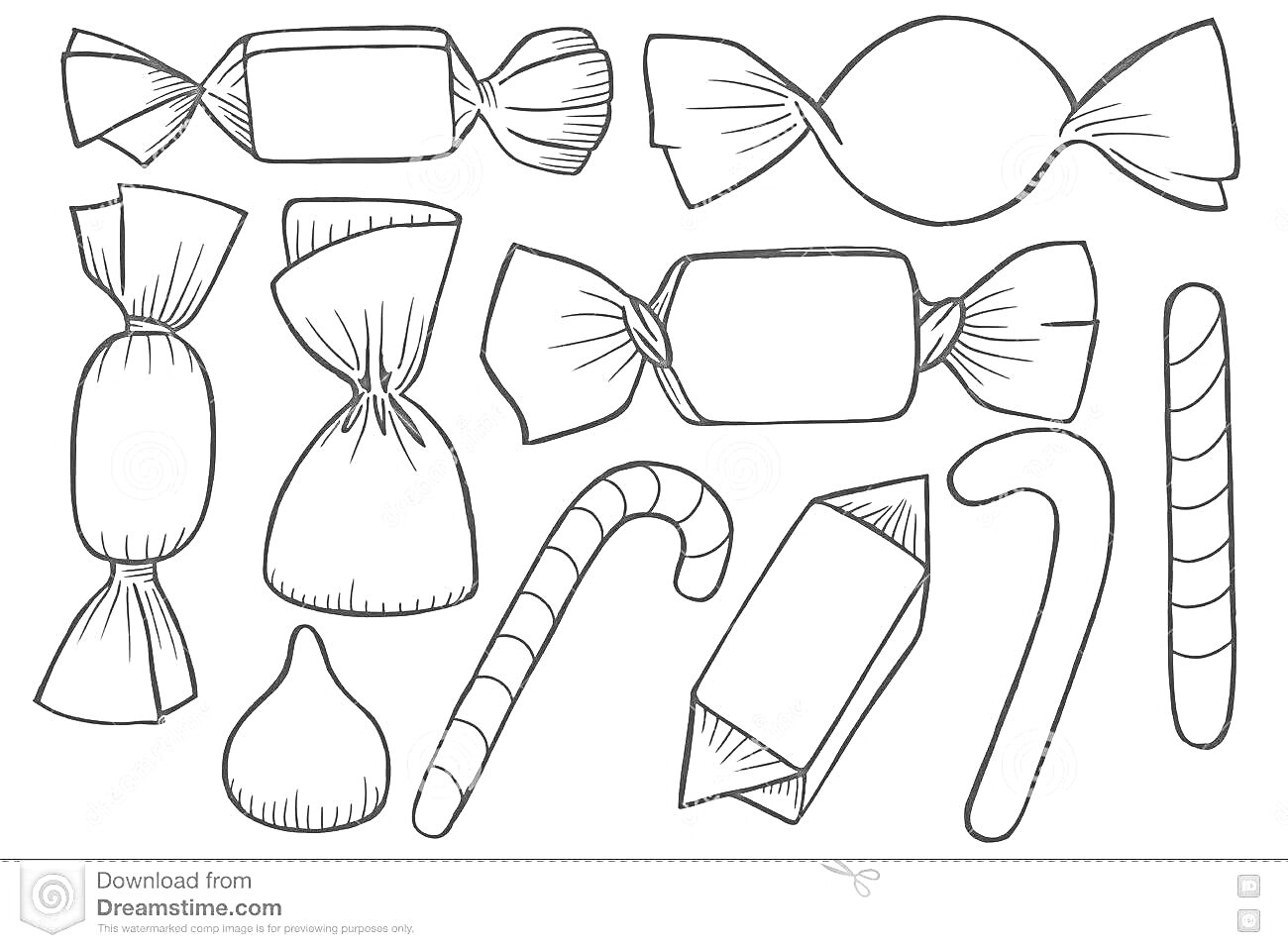 На раскраске изображено: Фантики, Конфеты, Сладости, Карамель, Для детей