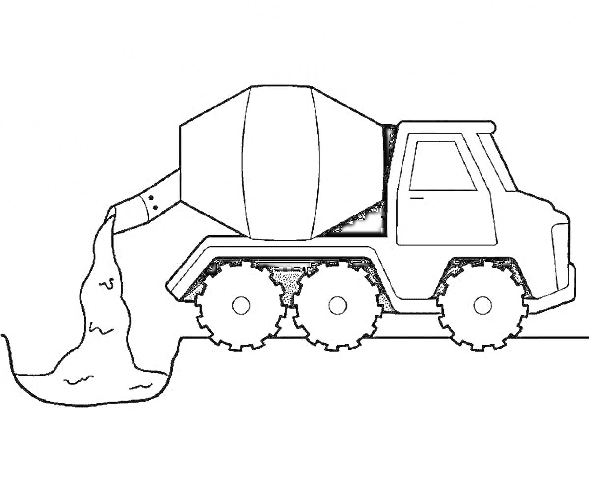 Раскраска Бетономешалка, льющая бетон на землю