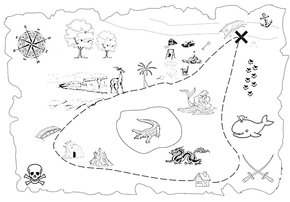 Раскраска Карта с пиратскими символами, локацией с деревьями, оленем, пальмой, скалами, сокровищем, лодкой, меткой 