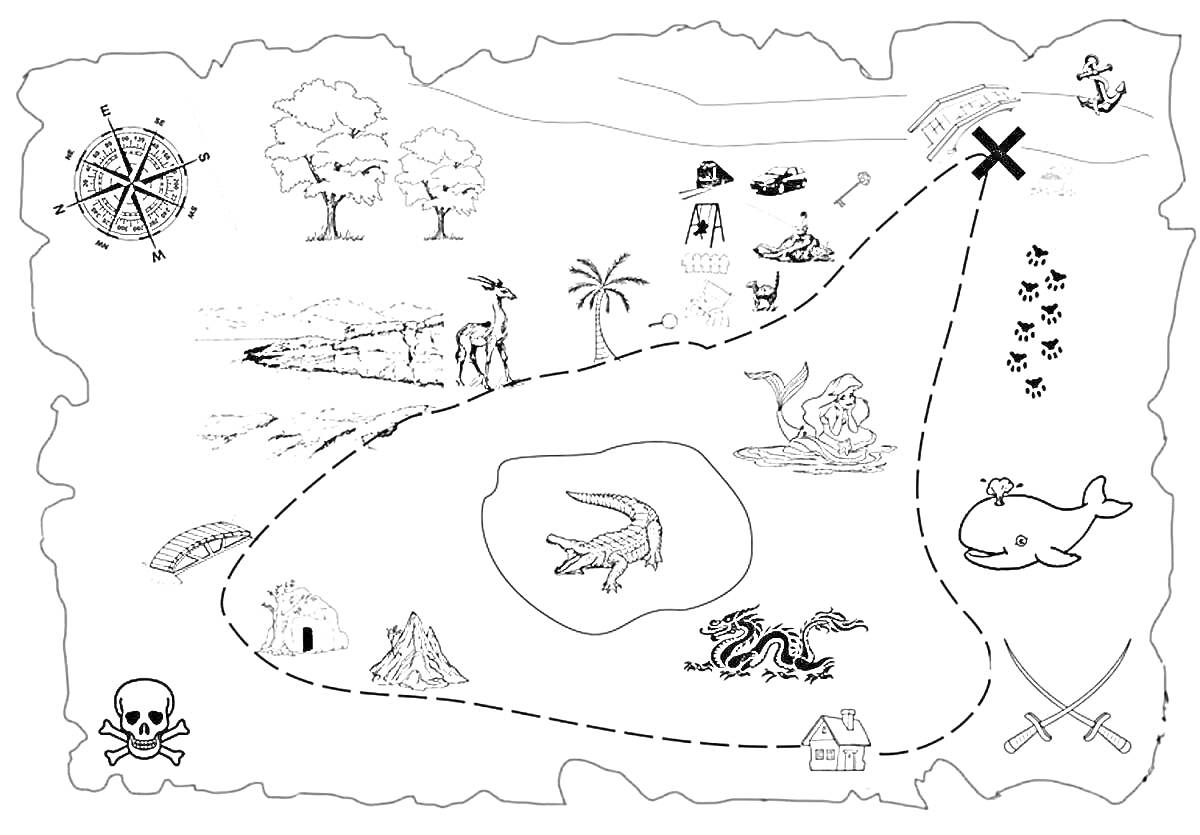 На раскраске изображено: Карта, Компас, Олень, Лодка, Череп, Мост, Монстр, Вулкан, Дом, Маршрут, Пальмы, Сокровища, Деревья, Киты, Пираты, Скалы
