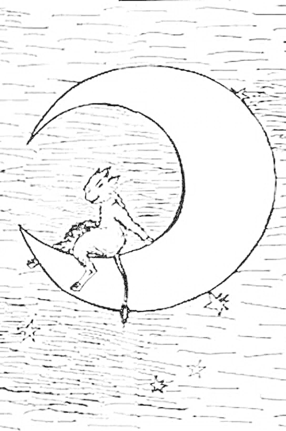 На раскраске изображено: Ночь, Рождество, Кот, Луна, Серп, Звезды, Небо