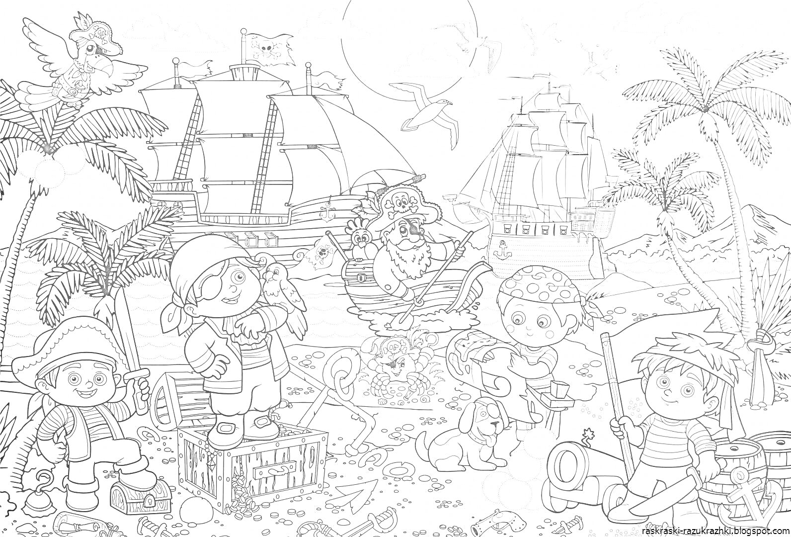 На раскраске изображено: Пираты, Пальмы, Песок, Море, Раскопки, Пиратская шляпа, Телескоп, Карта, Монеты