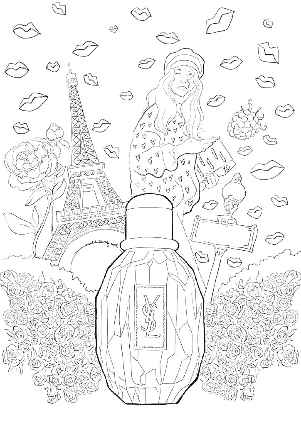 На раскраске изображено: Париж, Эйфелева башня, Духи, Розы, Губы, Мечта, Романтика, Девочка