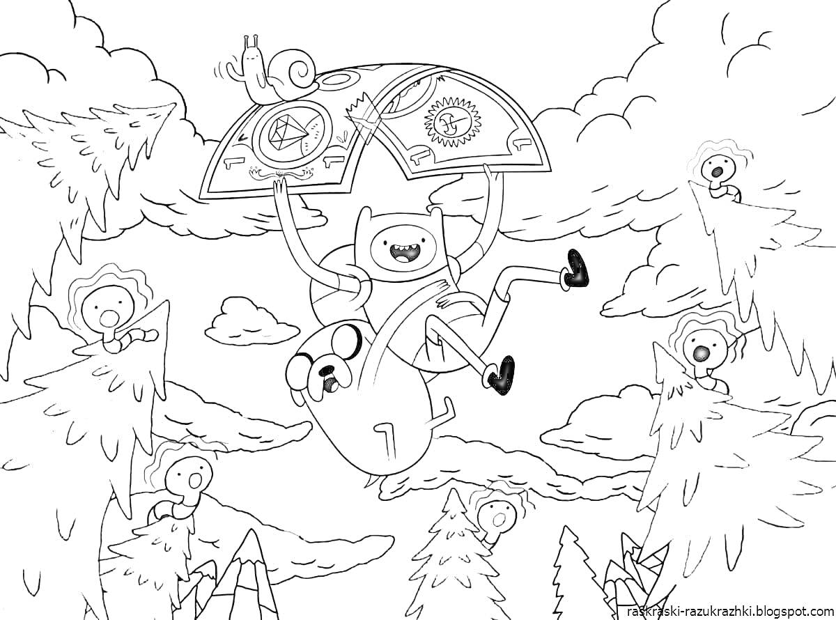 Раскраска Персонажи с зонтиком и улиткой, сидящие на гигантской рыбе в лесу с другими персонажами на деревьях и облаками