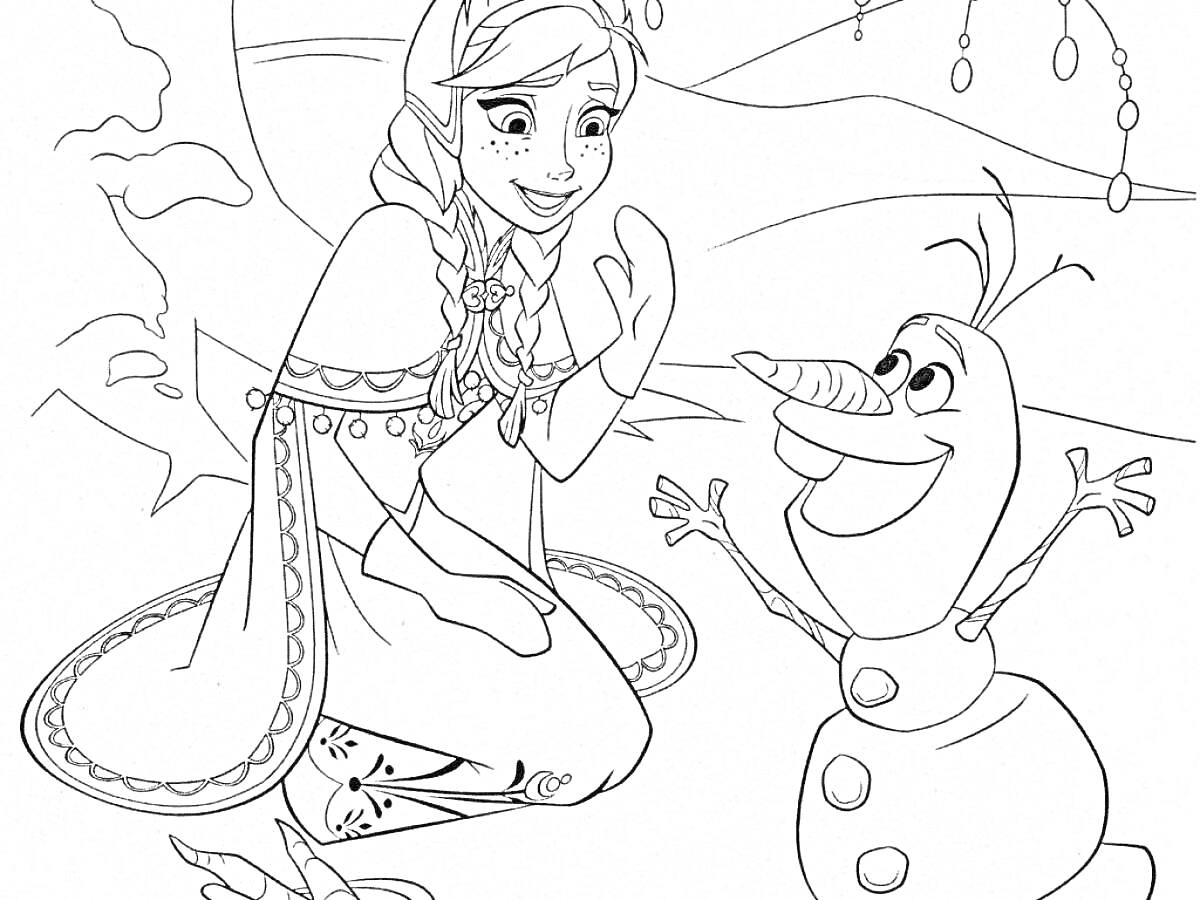 Раскраска Принцесса в плаще и снеговик под гирляндами во дворе королевства