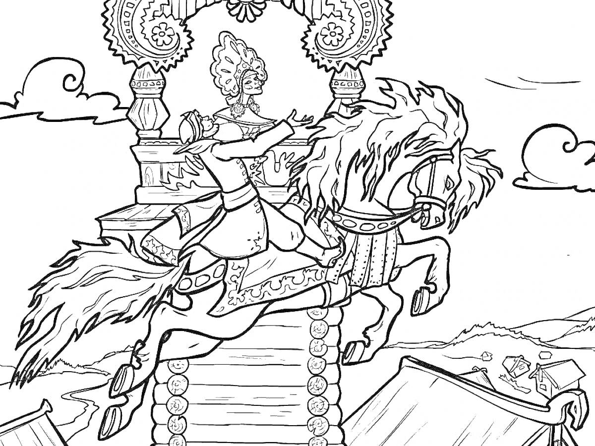 Раскраска Всадник на коньке-горбунке, летящий над деревянными крышами и деревенским пейзажем, украшенная арка