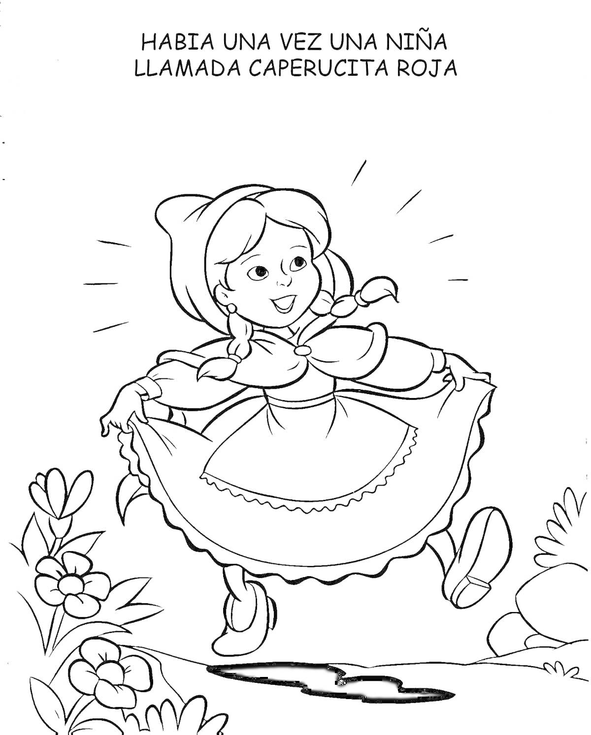 Раскраска Девочка в красной шапочке на лесной поляне с цветами