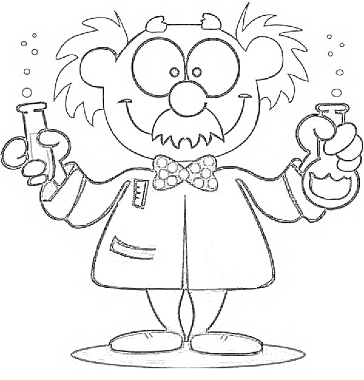 Раскраска Профессор с пробирками, держащий две колбы, одна из них наполнена жидкостью, в очках и с сумасшедшими волосами