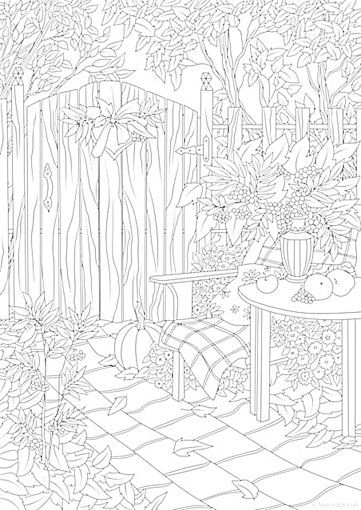 Раскраска Садовый уголок с фруктами и овощами на столе, стулом и оградой, окружённый деревьями и кустами
