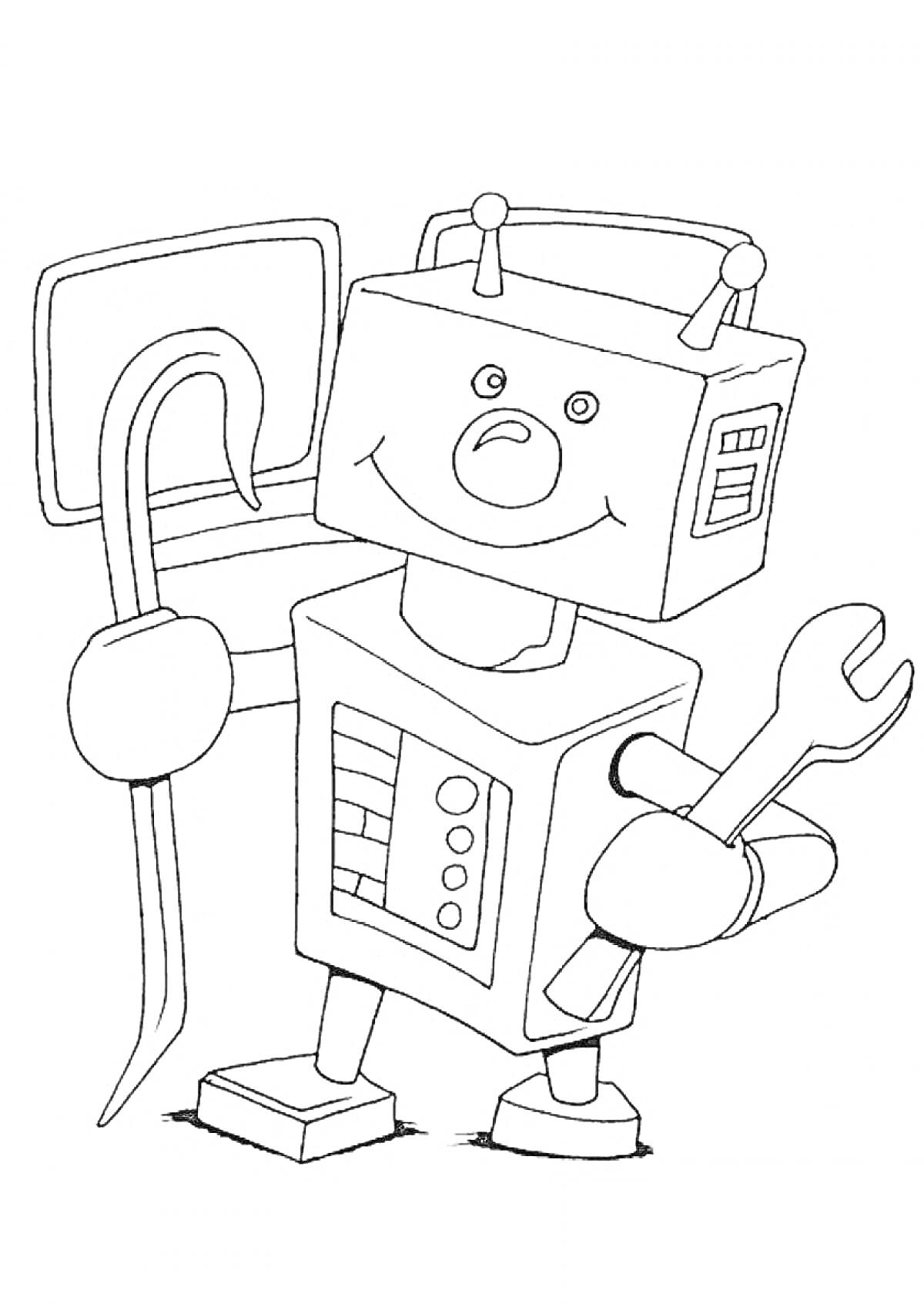 Раскраска Робот с инструментами, монитор, гаечный ключ, крюк