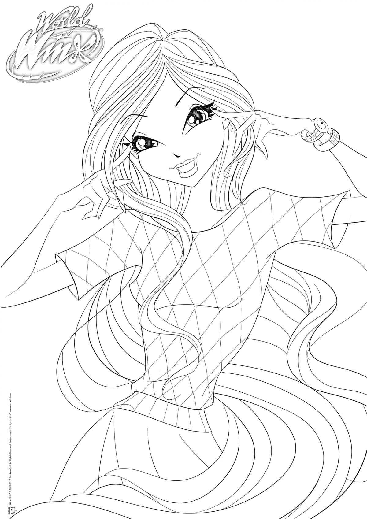Раскраска Девушка с длинными волосами в клетчатой футболке из мира Винкс, показывающая на свои щеки.