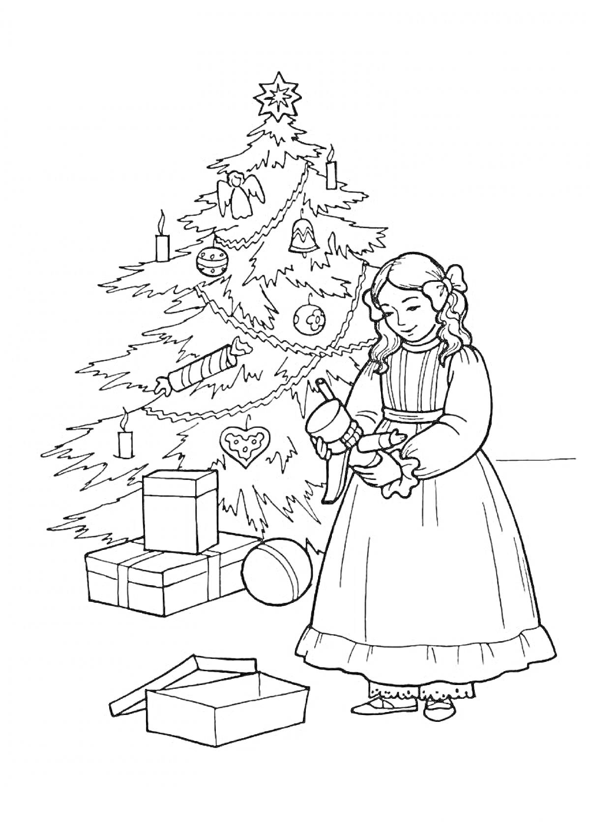 Раскраска Девочка с куклой у новогодней елки с подарками