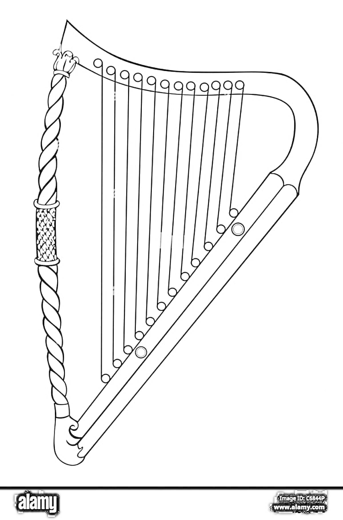 На раскраске изображено: Гусли, Арфа, Струны, Декор, Музыкальные инструменты