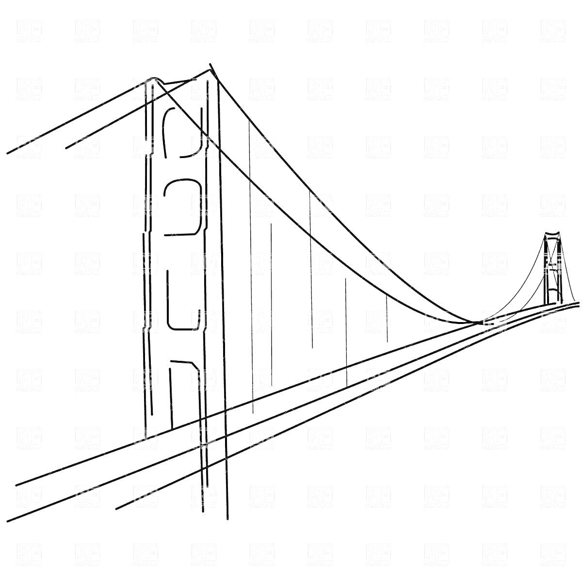 Раскраска Контурное изображение моста Золотые Ворота с двумя башнями и дорожным полотном