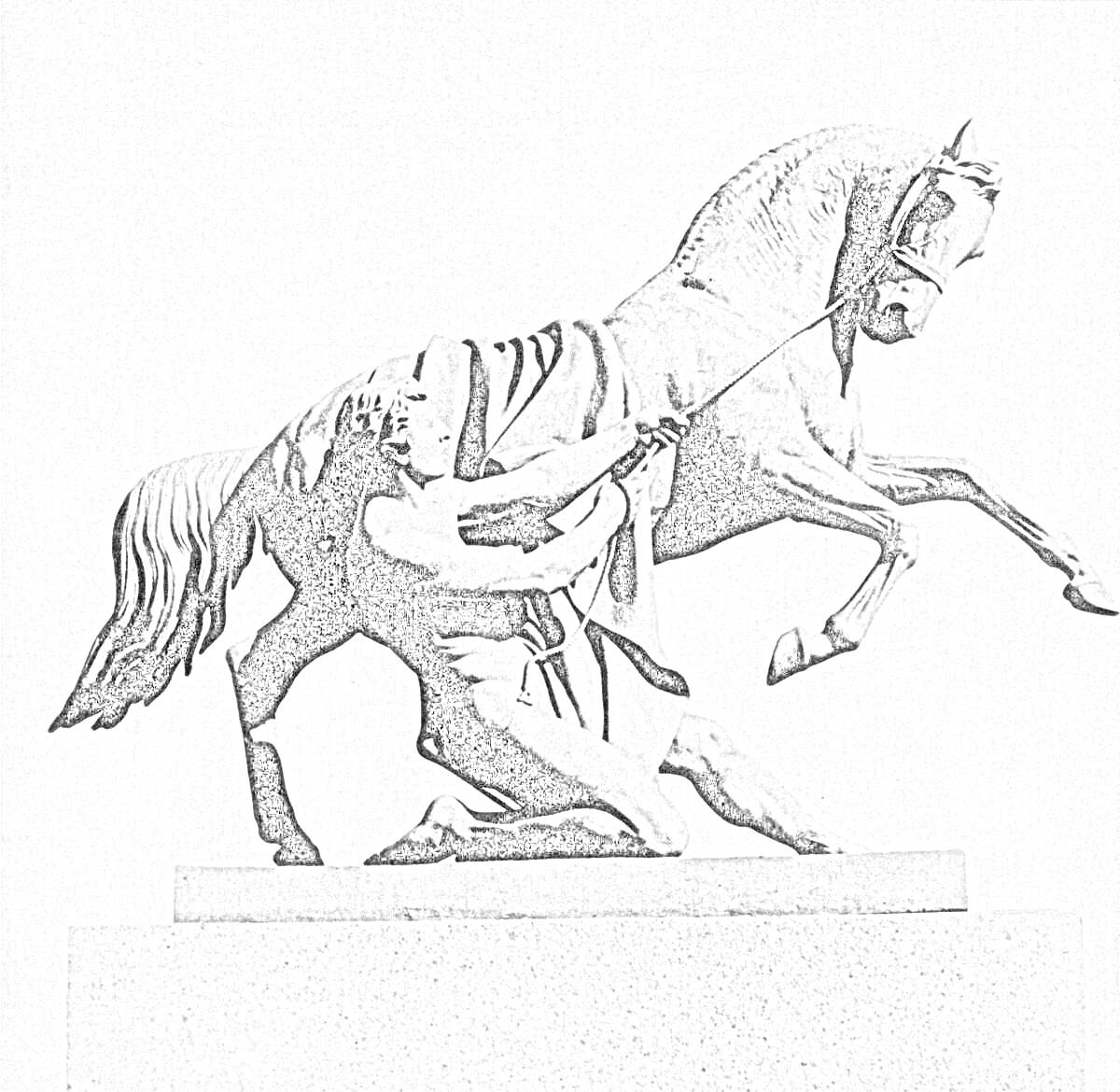 На раскраске изображено: Аничков мост, Статуя, Лошадь, Человек, Скульптура, Искусство, Санкт-Петербург