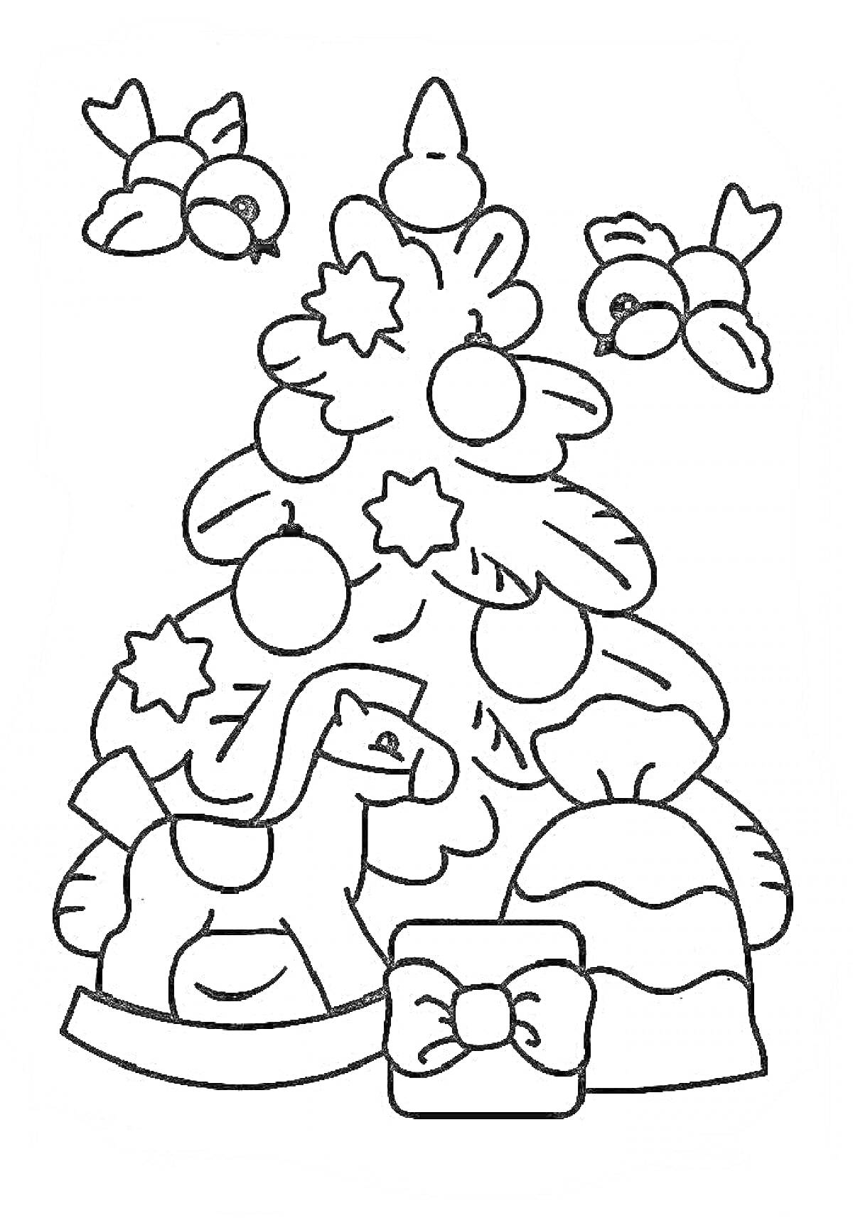 Раскраска новогодняя елочка с шарами, звездами, игрушечной лошадкой и подарками