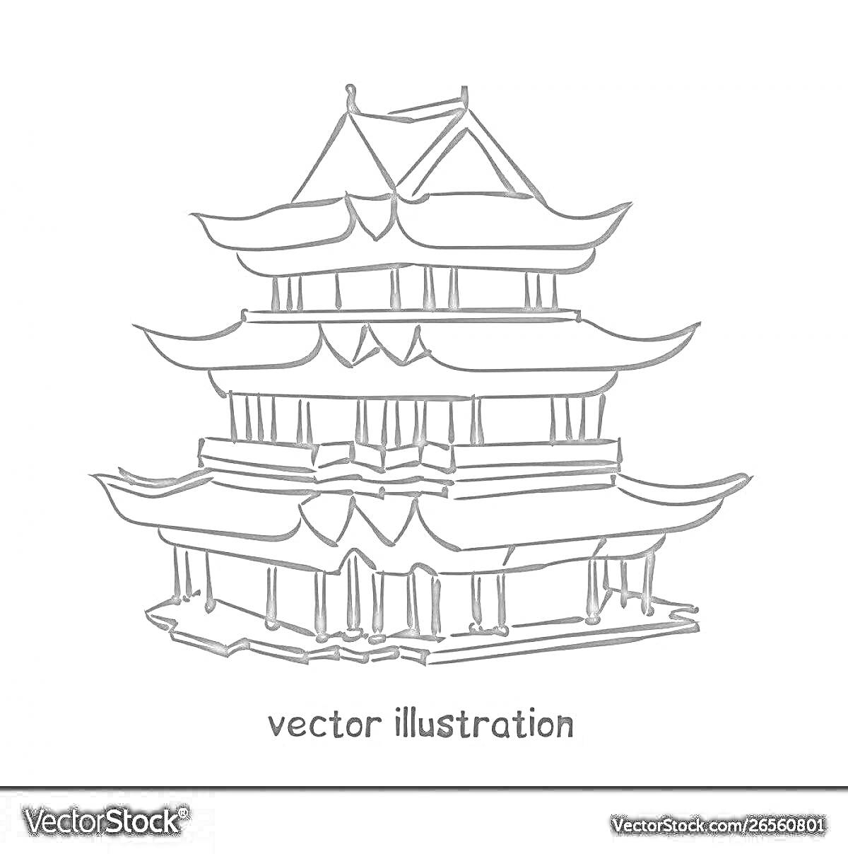 Раскраска Пагода — многоуровневое здание с декоративными крышами и колоннами