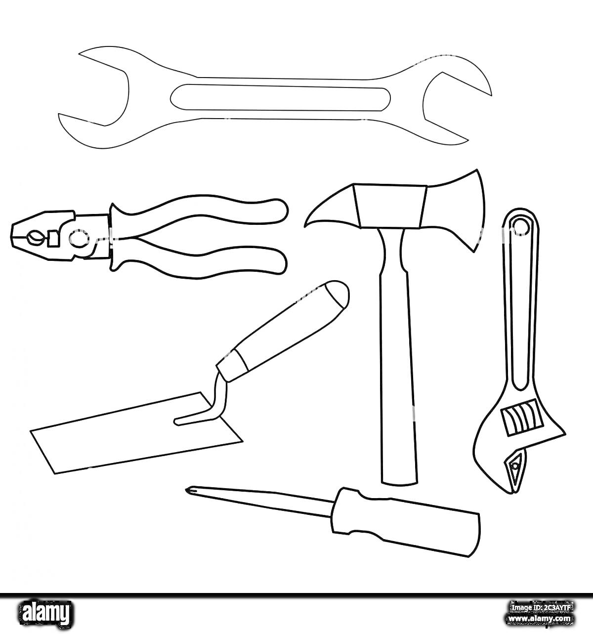 Раскраска Гаечный ключ, плоскогубцы, топор, шпатель, разводной ключ, отвертка