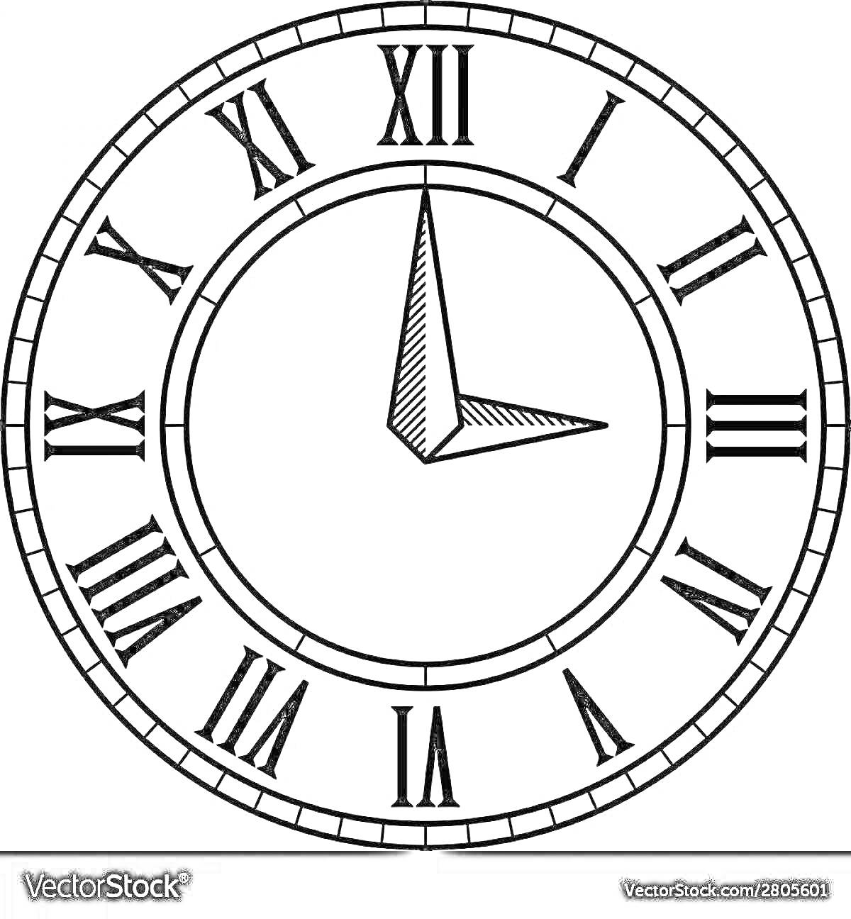 На раскраске изображено: Часы, Циферблат, Стрелки, Римские цифры