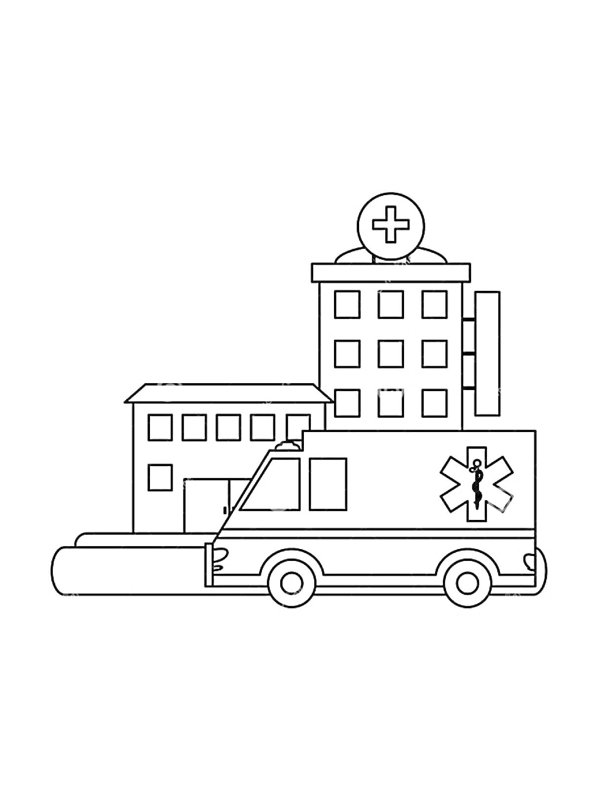 На раскраске изображено: Больница, Скорая помощь, Здание, Медицина, Крест, Здоровье, Улицы