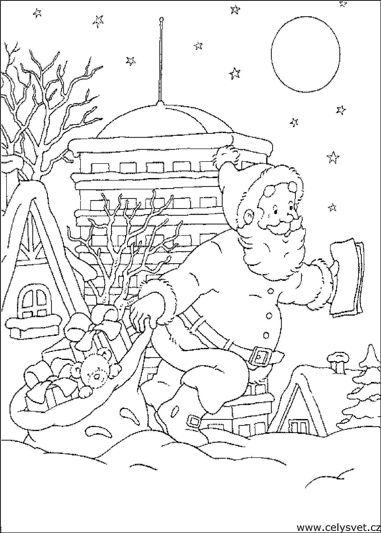 Раскраска Санта-Клаус с мешком подарков на фоне зимнего пейзажа