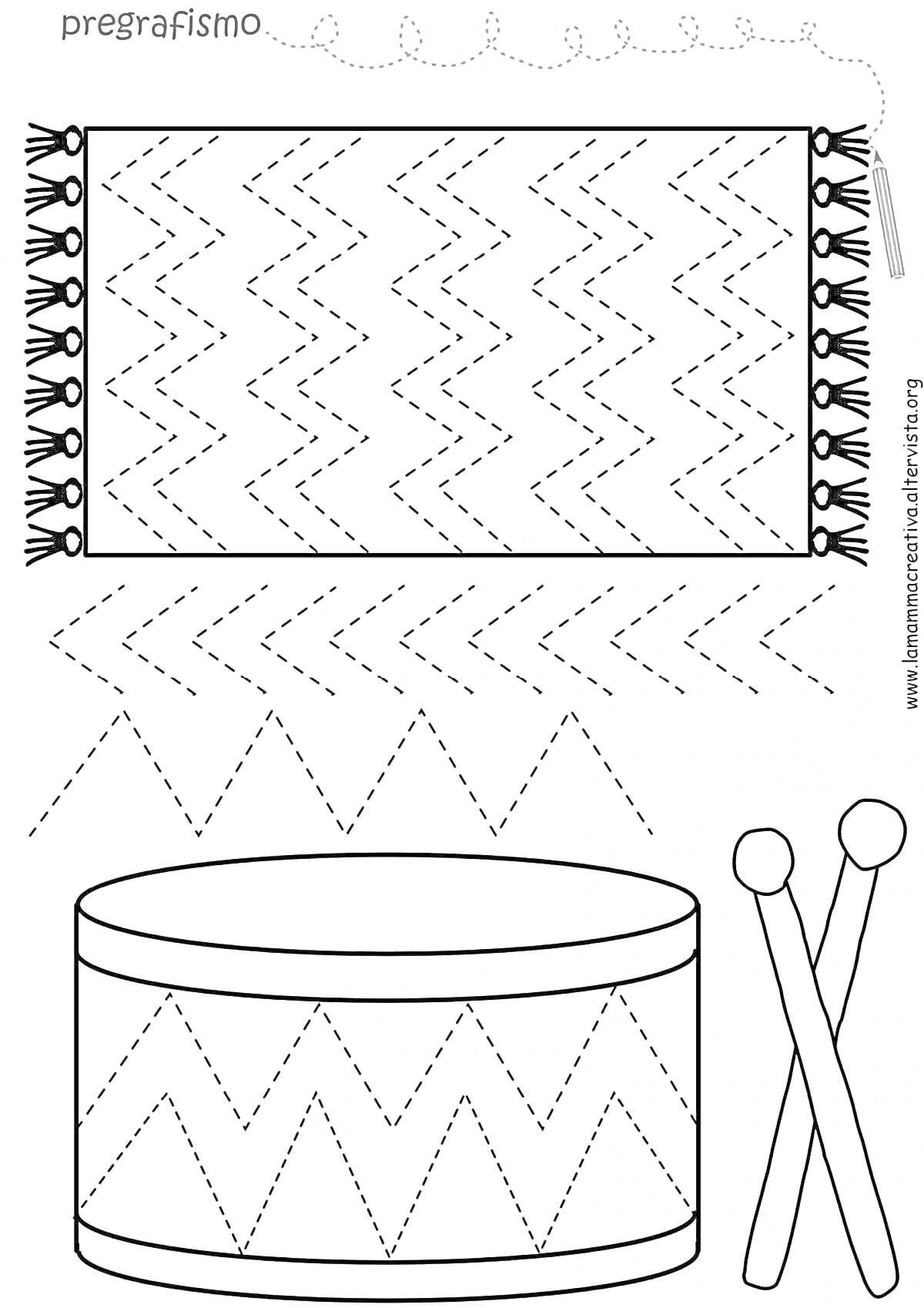 Раскраска Полотенце с зигзагообразным узором и барабан с палочками