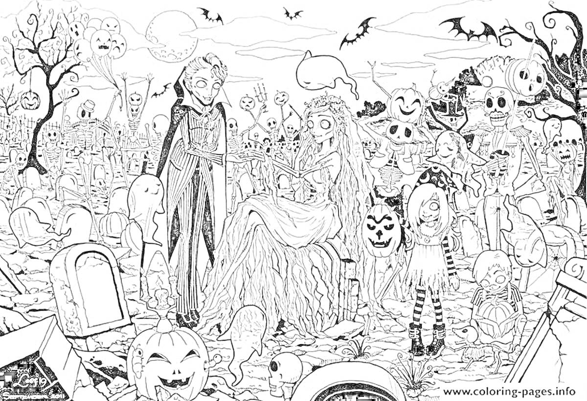Раскраска Хоррор-сцена на кладбище с вампиром, невестой-зомби, привидениями, тыквенными фонарями, летучими мышами, скелетами и надгробиями