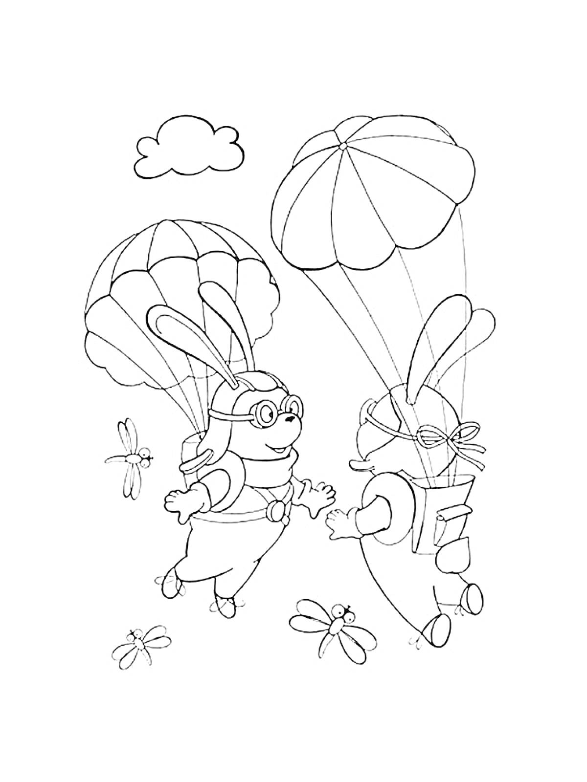 Два парашютиста-кролика с парашютами в небе с облаком и стрекозами