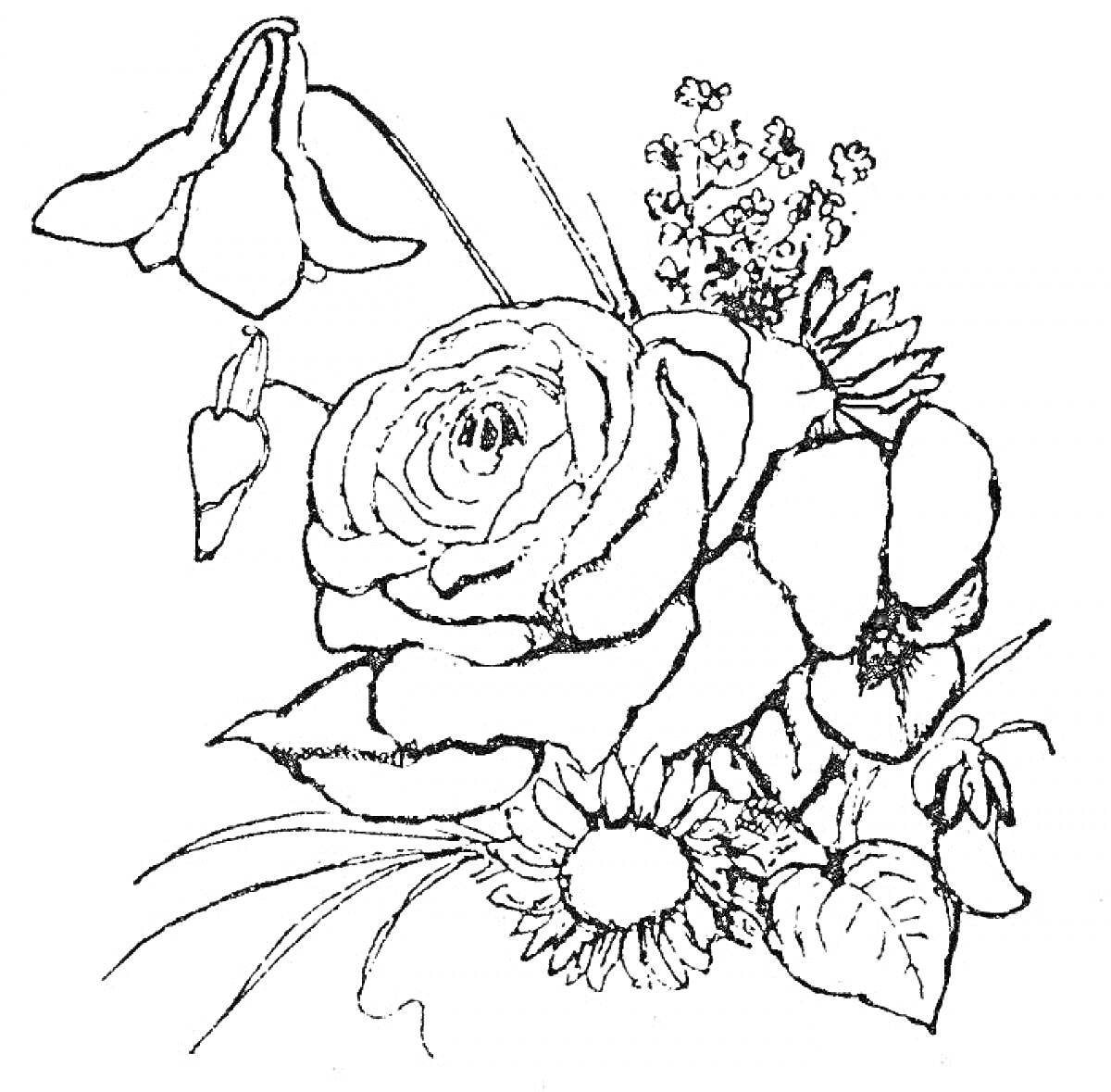 Раскраска Букет цветов, включающий розу, ромашку, колокольчики и другие мелкие цветы